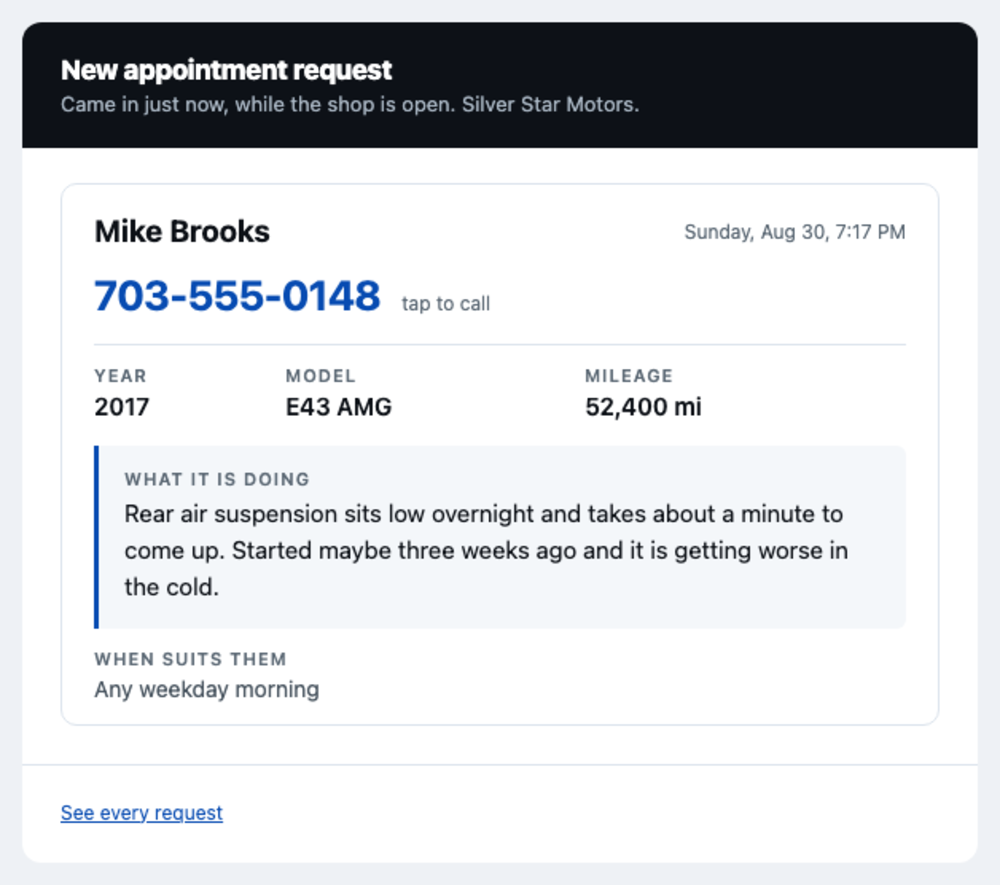 An email headed New appointment request, showing Mike Brooks, a large tap-to-call phone number, the year model and mileage of his car, and what it is doing