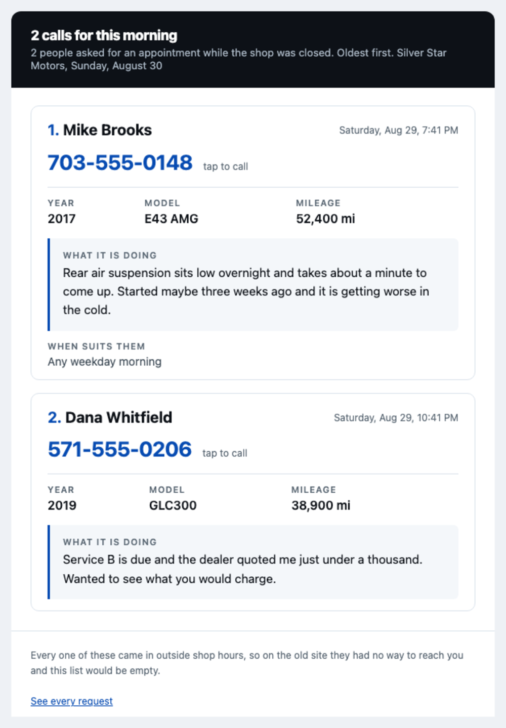 An email headed 2 calls for this morning, listing two customers with their numbers, cars and complaints, oldest first
