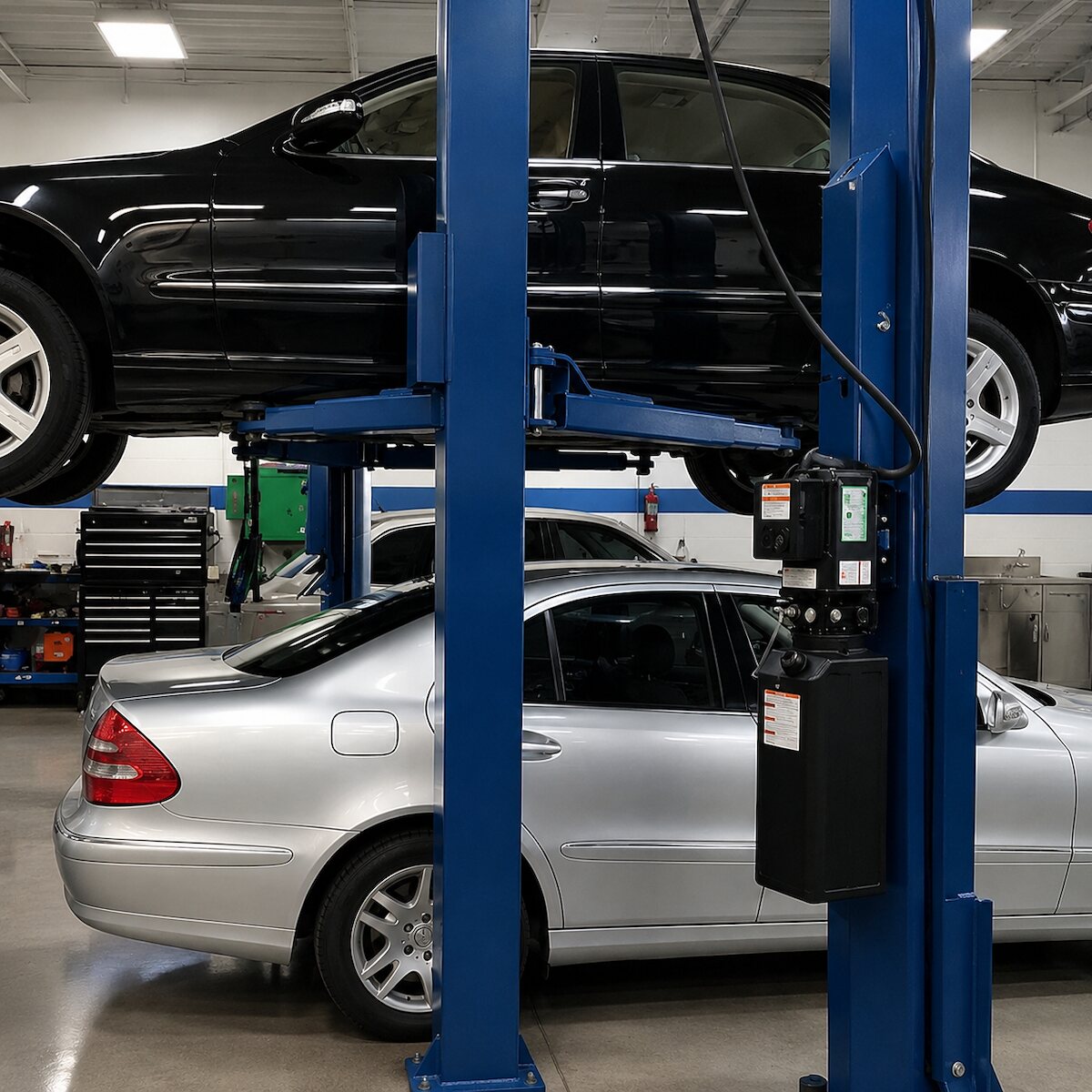 A Mercedes-Benz raised on a two-post lift in the service bay