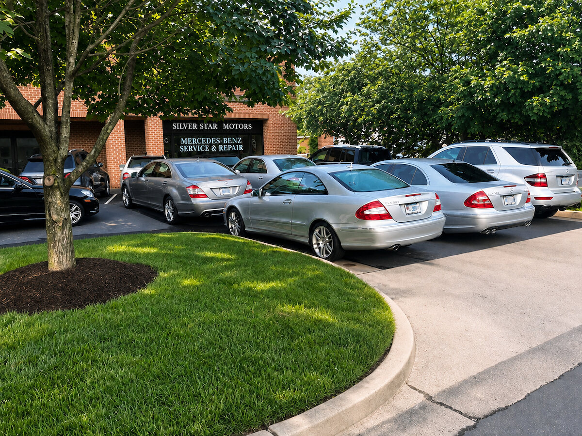 Customer Mercedes-Benz cars parked outside the shop