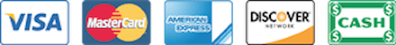 We accept Visa, Mastercard, American Express, Discover, Cash